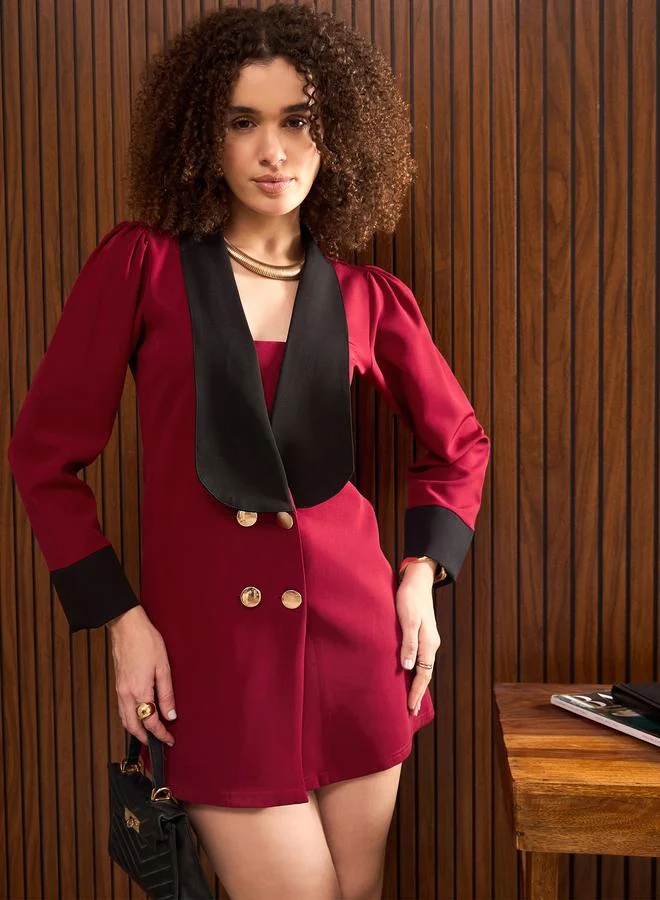 Sassafras Women Maroon Contrast Trim Double Breasted Blazer Mini Dress